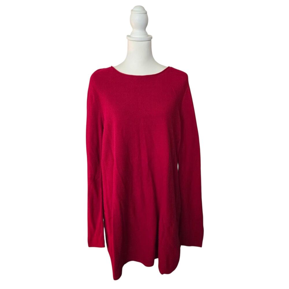Minimalist Organic Cotton Rib Knit Sweater Tunic Eileen Fisher L Red Staple